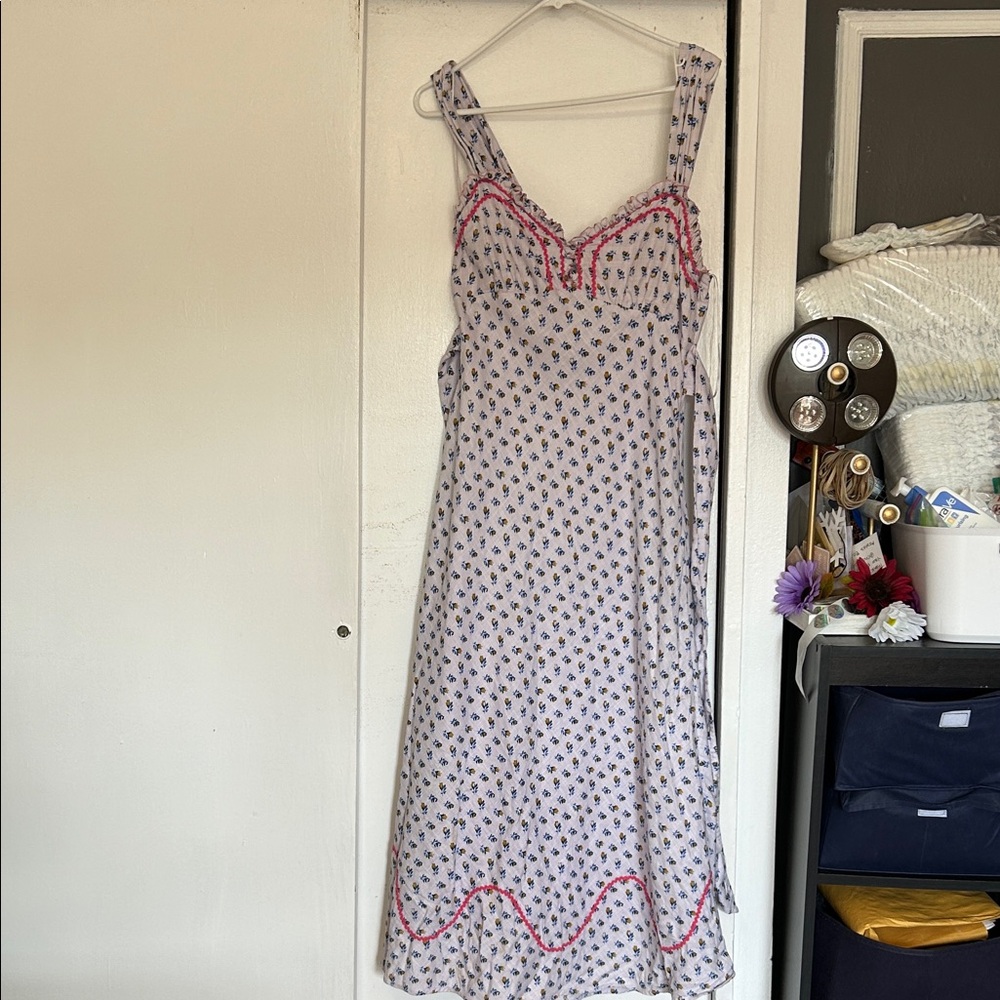 Free People White Midi Dress with Blue Floral Print and Pink Trim